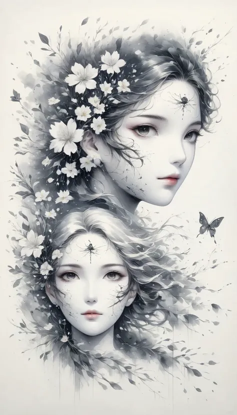 (Anime line drawing:1.5)，(black and white painting:1.45)，Minimalism，(line art:1.6)，sketch，Charcoal drawing，mask，flower,Illustration in surreal art style，surreal dream，Dubrec style,(multiple exposure：1.8),Dreams of happiness，