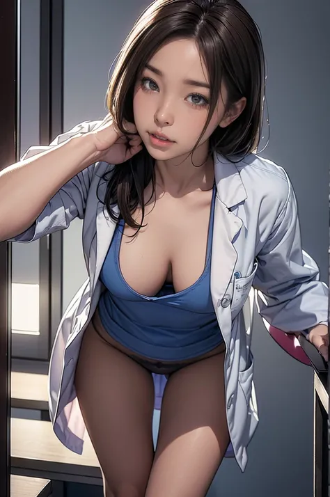 ((Realistic lighting、top-quality、8K、​masterpiece:1.3))、Clear focus:1.2、1girl in、beauty with perfect body:1.4、Slim abs:1.1、((dark brown  hair、Colossal tits:1.3))、(Wearing ultra thin blue lace underwear:1.4、Gray stockings:1.2、)、(outside of house、natta:1.1)、t...