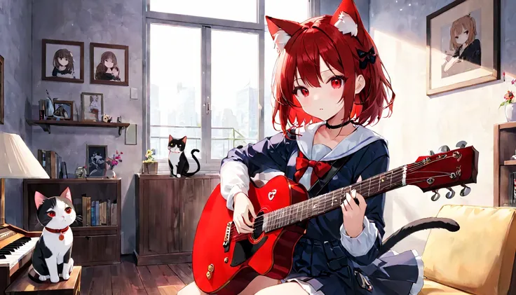 (1 girl)、music room、Girl Playing Guitar、red eyes、Cat ear、clear eyes