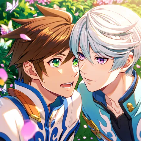 absurdres, highres, ultra detailed, HDR), master piece, best quality, Sorey, brown hair, expressive green eyes, Tales of Zestiria, Mikleo, white hair, expressive purple eyes, 2men together, gay couple, handsome, garden, petals, butterflies