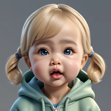 (((Air kiss, closed eyes, narrowed cheeks, dimples))), ((big chibi head)), portrait, (wide open mouth), blue hoodie, [wrinkles near the nose:0.5], (simple gray background), baby girl, [Nordic:Icelandic:0.5], Hourglass body, perfect Olive skin, big Oval Fac...