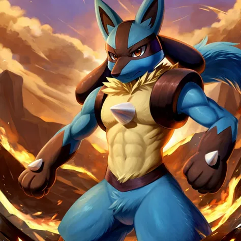 Lucario from pokemon anime, pokemon,furry art,anthro,wolf ears,brown colours eyes,fighter, masterpiece