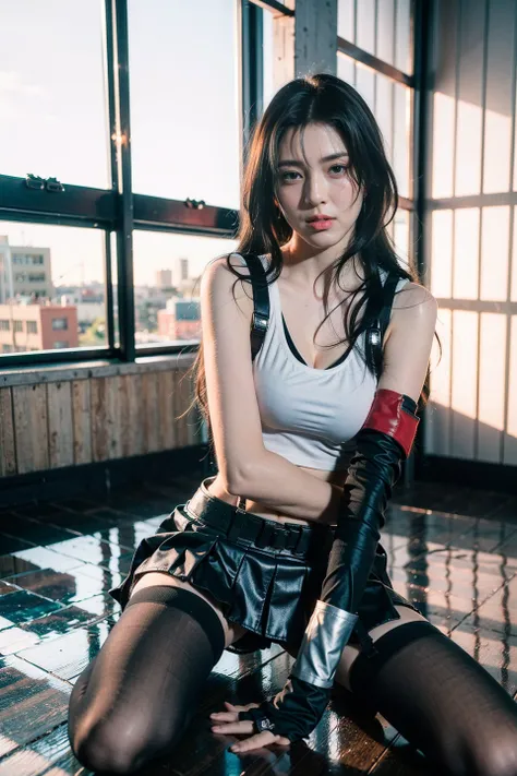 Tifa,1gil,solo,gloves,elbow gloves,fingerless gloves,breasts,suspenders,thighhighs,crop top,tank top,skirt,black thighhighs,suspender skirt,black skirt,earrings,jewelry,midriff,looking at viewer,elbow pads,white tank top,black gloves,realistic,boots,shirt,...