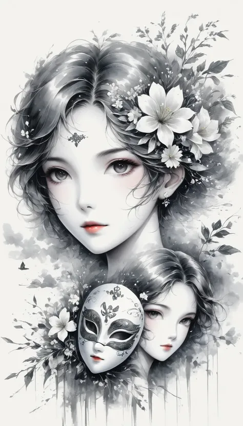 (Anime line drawing:1.5)，(black and white painting:1.45)，Minimalism，(line art:1.6)，sketch，Charcoal drawing，mask，flower,Illustration in surreal art style，surreal dream，Dubrec style,(multiple exposure：1.8),Dreams of happiness，