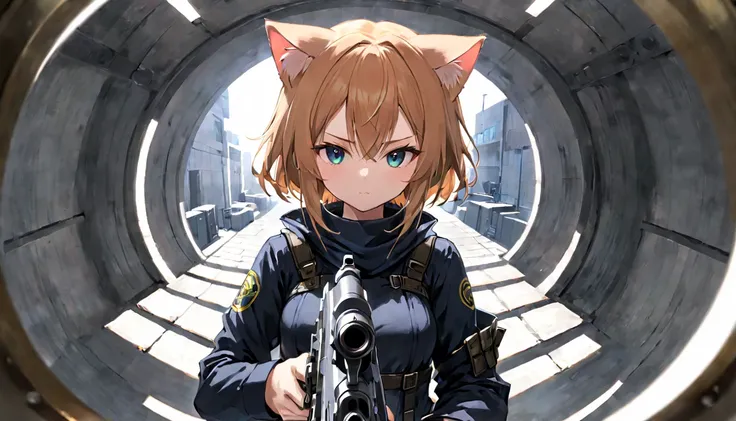 cat ear、girl、he has a gun pointed at me、composition with the gun barrel visible from the front