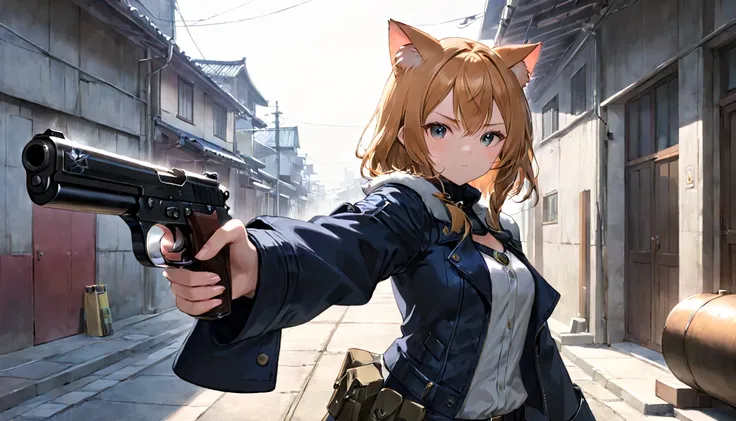 Cat ear、girl、He has a gun pointed at me、Composition with the gun barrel visible from the front