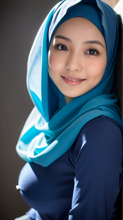 Photo portrait of a beautiful Bandung girl wearing a hijab and dimples, around 20 years old, (plain blue hijab), dramatic light, Rembrandt lighting scheme, (hyperrealism:1.2), (8K UHD: 1.2), large breast, random pose, random outfit, tight clothes, perfect ...