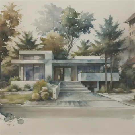 miaobishenghua , archizhs, architecture building, many trees, street, people, car, watercolor style