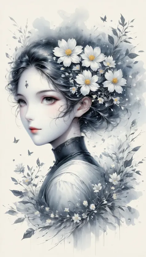 (Anime line drawing:1.5)，(black and white painting:1.45)，Minimalism，(line art:1.6)，sketch，Charcoal drawing，mask，flower,Illustration in surreal art style，surreal dream，Dubrec style,(multiple exposure：1.8),Dreams of happiness，