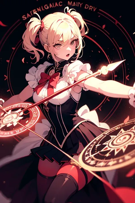 Magical girl，The main color of the screen is red，The girl was armed with a spear，A magic circle with red lotus drawn in the background，The girl has twin ponytails