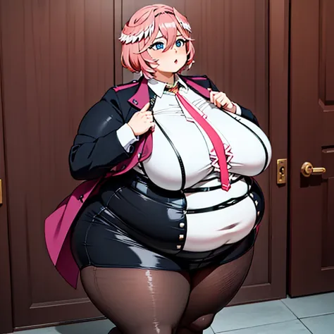 1girl, top heavy figure, (((incredibly big chest))), ((saggy chest)), plump, incredibly plump, ((big belly)), (((big tits))), pout, embarassed, wide, (((obese))), (((fat))), ((love handles)), double chin, out of shape, obese, fatty, tall woman, big bossom,...