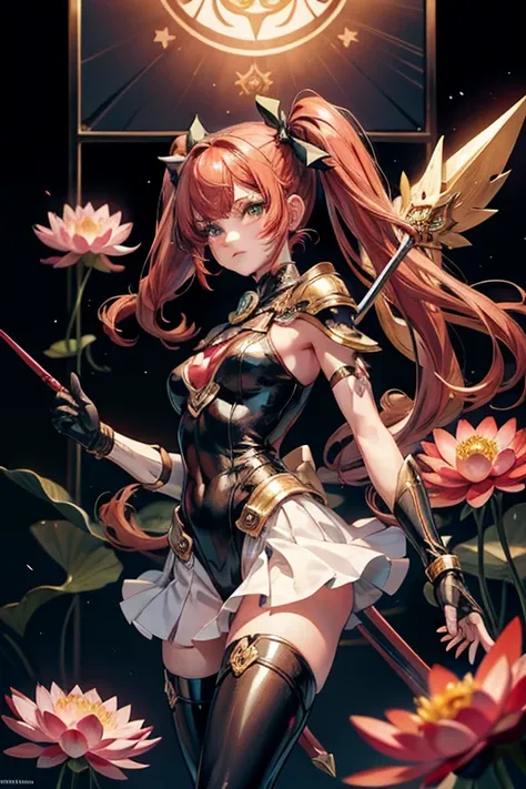 Magical girl，The main color of the screen is red，The girl was armed with a spear，There is a magic array in the background，The girl has red twin tails，The spear should stand out in the picture，The picture should have a lot of red lotus elements