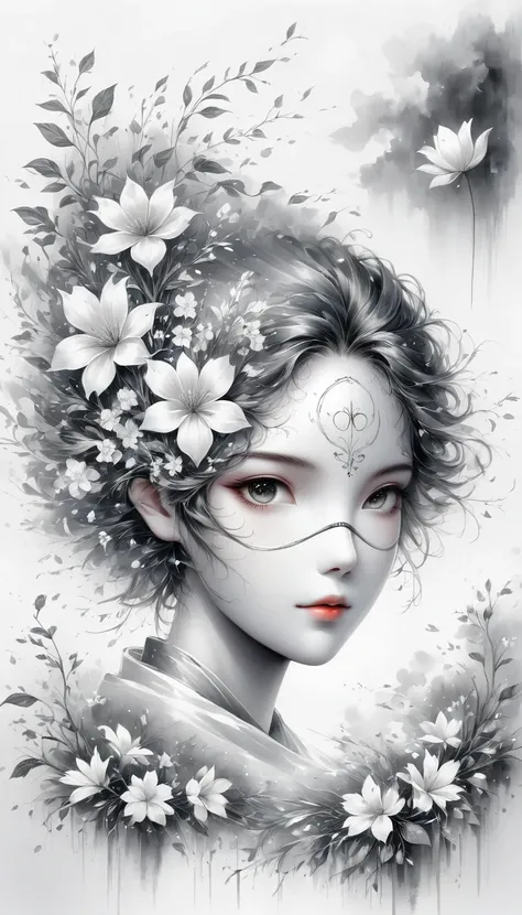 (Anime line drawing:1.5)，(black and white painting:1.45)，Minimalism，(line art:1.6)，sketch，Charcoal drawing，mask，flower,Illustration in surreal art style，surreal dream，Dubrec style,(multiple exposure：1.8),Dreams of happiness，