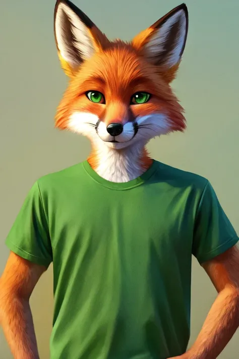 A fox wearing t green shirt 