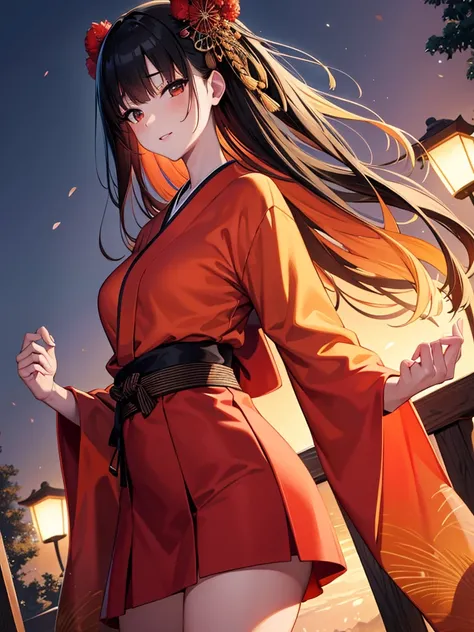 masterpiece, best quality, highres, absurdres, hyuuga hanabi , 1girl, solo, orange kimono, hakama skirt, obi, looking at viewer,medium breasts 