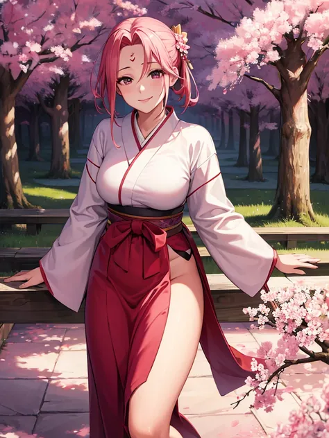 masterpiece, best quality, highres, absurdres, sakura haruno , 1girl, solo, flower kimono, hakama skirt, obi, looking at viewer,medium breasts, under a sakura tree, smiling, day time