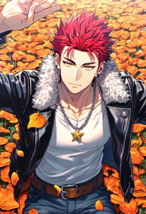 Ultra detailed, highres, absurdres, HDR, Suoh Mikoto, golden eyes, K, 1 man only, handsome, autumn, flowers and petals, orange leaves, red hair is kept short and ruffled and spiked with two strands of hair near the opposite sides of his head falling over h...