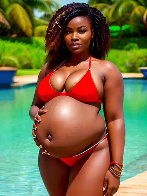 Plus size model, bloated belly, African woman, bikini