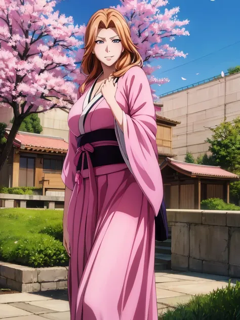 masterpiece, best quality, highres, absurdres, rangiku matsumoto , 1girl, solo, flower kimono, hakama skirt, obi, looking at viewer,medium breasts, under a sakura tree, smiling, day time