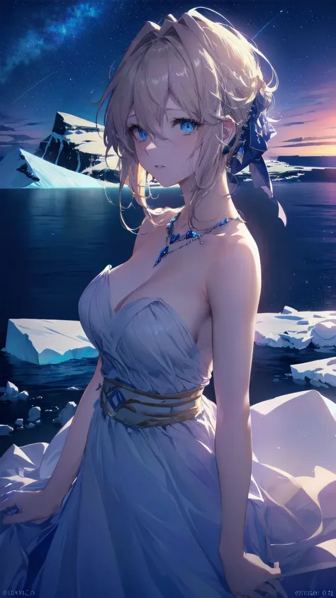 violet evergarden, 1 girl, solitary, check viewers, blue eyes, blonde hair, greek clothing, spectacular starry sky, naked, stari...