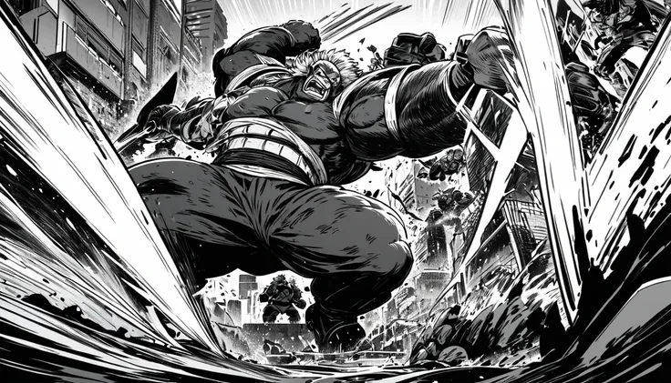 (Black and white Anime Line Art)(Line Art) A giant robot ninja does battle with a mutant gigantic monkey, they are brawling in downtown tokyo