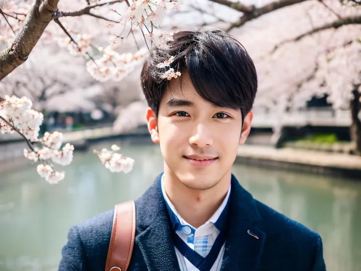 Realism, 8K full body portrait, a handsome guy, 28 year old man, charming expression, Detailed facial details, Cherry blossoms bloom on both sides of the Meguro River. Tokyo eight cities, Winters, Shibuya background