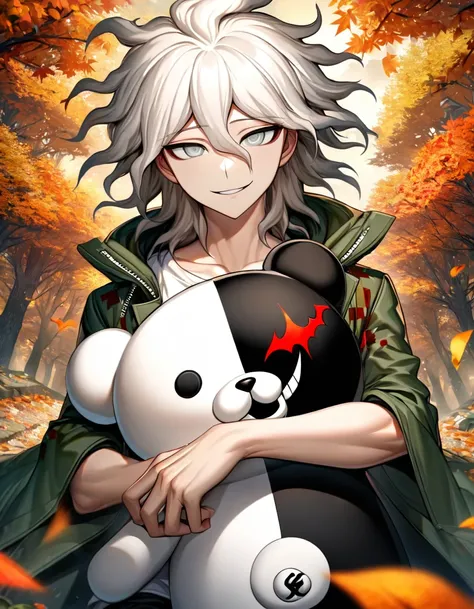 Ultra detailed, highres, absurdres, HDR, Komaeda Nagito, white hair, silver eyes, Danganronpa 2, green long coat, 1 man only, handsome, white tight t-shirt, autumn, black pants, flowers and petals, orange leaves, butterflies, smirking, holding a plushie of...