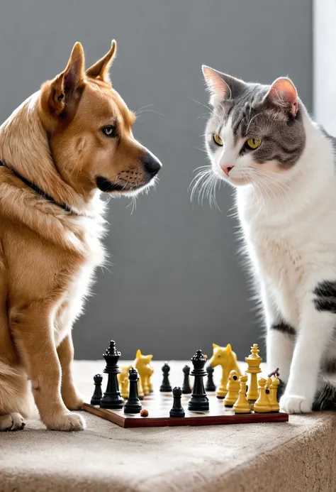 Make me a photo of dog and cat playing chess.