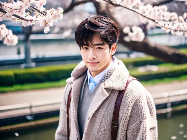 Realism, 8K full body portrait, a handsome guy, 28 year old man,Wearing wool sweaters and jackets. charming expression, Detailed facial details, Cherry blossoms bloom on both sides of the Meguro River. Tokyo eight cities, Winters, Shibuya background