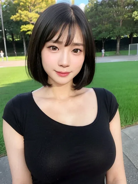 (kawaii 24 year-old Japanese girl, Nogizaka idol, Korean idol), healthy female athlete body, (glossy black hair, pixie cut, messy hair edge, symmetric length hair:1.3), (bangs), (rounded face, brown eyes, single eyelid, no makeup, soft smiling:1.2), (weari...