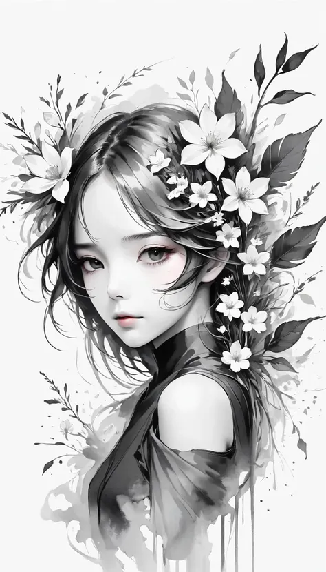 (Anime line drawing:1.5)，(black and white painting:1.45)，Minimalism，(line art:1.6)，sketch，Charcoal drawing，mask，flower