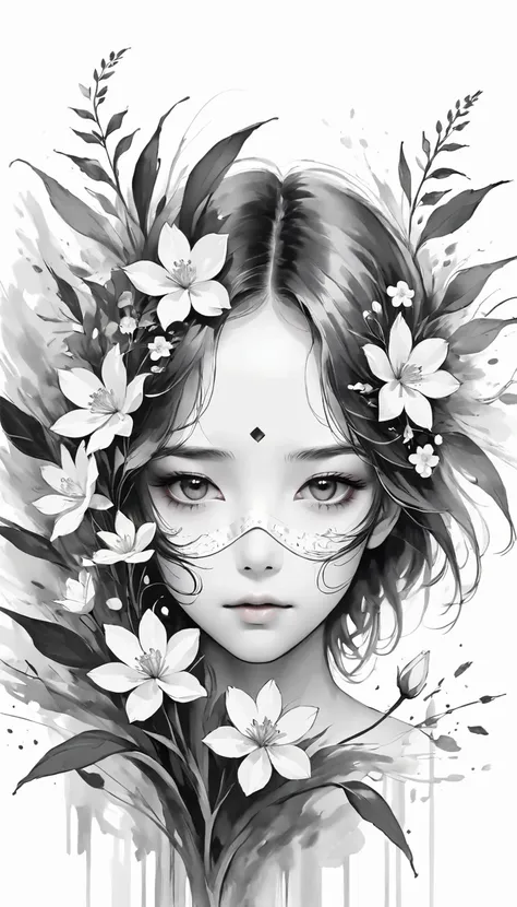 (anime line drawing:1.5)，(black and white painting:1.45)，minimalism，(line art:1.6)，sketch，charcoal drawing，mask，flower