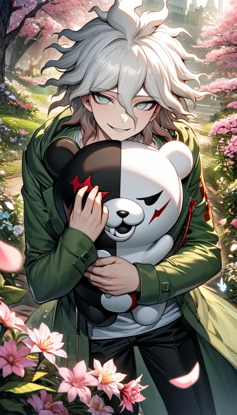 Ultra detailed, highres, absurdres, HDR, Komaeda Nagito, white hair, silver eyes, Danganronpa 2, green long coat, 1 man only, handsome, white tight t-shirt, spring, black pants, flowers and petals, pink leaves, butterflies, smirking, holding a plushie of M...