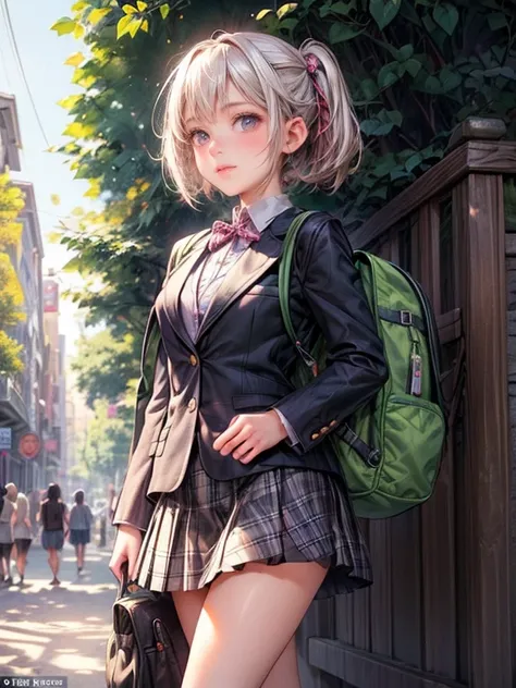 full body, masterpiece:1.2, highest quality:1.2, 8k, CG, photorealistic:1.37, delicate detailed:1.8 (eyes, pupils, lips, face, hair, hand, skin), soft touch illustration, platinum blond, short bob, little cute girl, A girl wearing a blazer and a plaid mini...