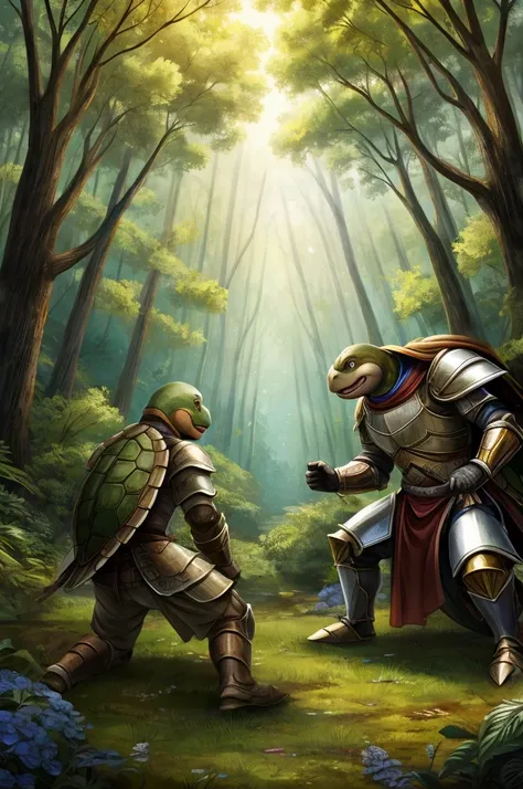 Illustration for a fairy tale. A large forest where two turtles in armor are fighting