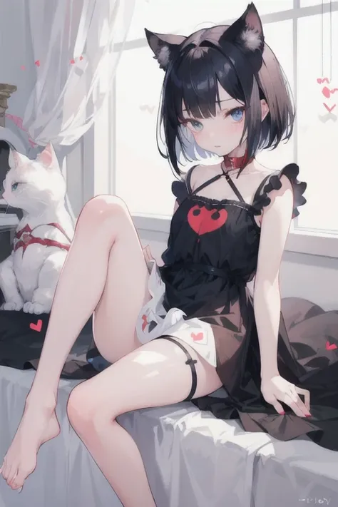 1 girl, Black hair, digital painting, wearing a white dress, blue eyes, child, , sitting, fleshy legs, cute, red face, shy, , cat ears, bedroom background, wearing a collar, short hair, has bangs on the face, big shirt, heart shaped pupils. 