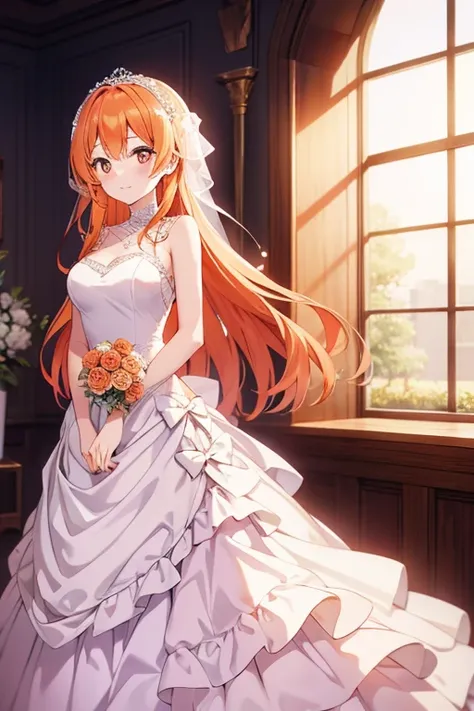 A beautiful orange haired woman who is dressed in a wedding dress