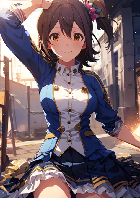 Mirai Kasuga  (million live), (highest quality, 8K, masterpiece, Super detailed:1.2), (Lens flare, particles of light, shine), big breasts, smile, open your mouth, masterpiece, highest quality, Super detailed, High resolution, Very detailed CG , pleated sk...