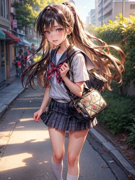 full body, masterpiece:1.2, highest quality:1.2, 8k, CG, photorealistic:1.37, delicate detailed:1.8 (eyes, pupils, lips, face, hair, hand, skin), soft touch illustration, braid, little cute girl, A girl wearing a sailor tops and a plaid mini skirt and thig...