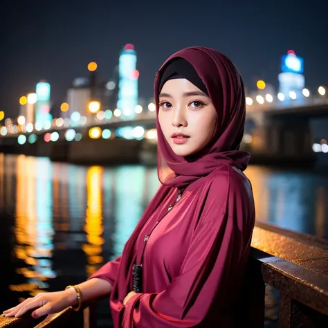 Perempuan indonesia memakai hijab dan gamis ((best quality)), ((masterpiece)), (Cinematic Aesthetic:1.4) Photo of a beautiful korean fashion model bokeh city night