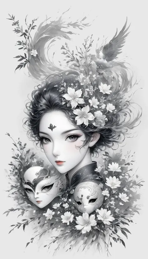 (Anime line drawing:1.5)，(black and white painting:1.45)，Minimalism，(line art:1.6)，sketch，Charcoal drawing，mask，flower,Illustration in surreal art style，surreal dream，Dubrec style,(multiple exposure：1.8),art for coloring book page, 全White背景, Use only conto...