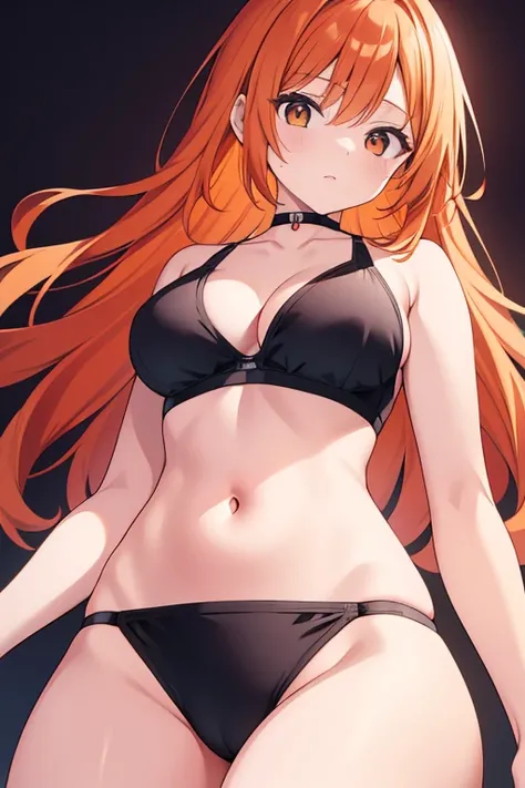 A beautiful orange-haired woman wearing a black swimsuit with a bra. 