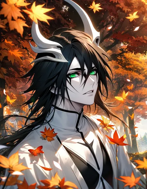 Ultra detailed, highres, absurdres, HDR, Ulquiorra cifer, black hair, green eyes, pale skin, arrancar white clothes, Bleach, handsome, 1 man only, orange leaves, petals, flowers, butterflies, autumn,