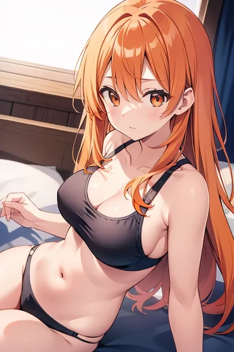 A beautiful orange-haired woman wearing a black swimsuit with a bra. 