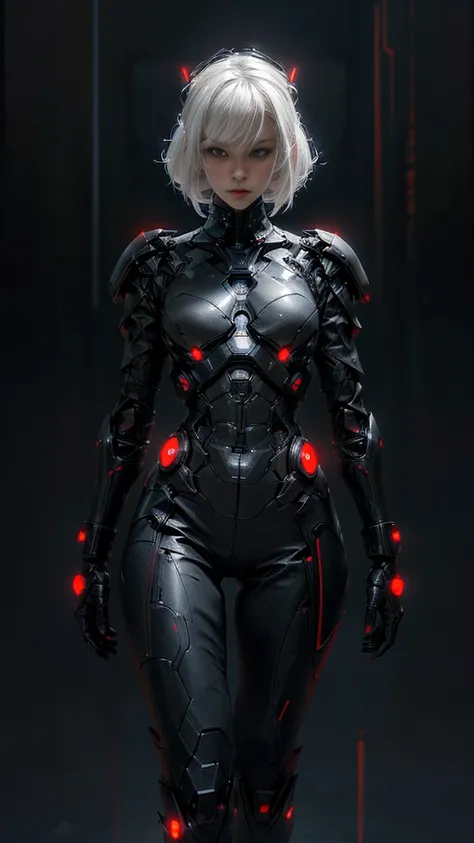 A digital illustration of a futuristic white mecha, (futuristic high-tech style),(very straight hair ,bob hairstyle), white hair, (full body length), (super cuteness), (super beautiful face), 32k UHD, C4D style, octane render, sharp focus, complex details,...