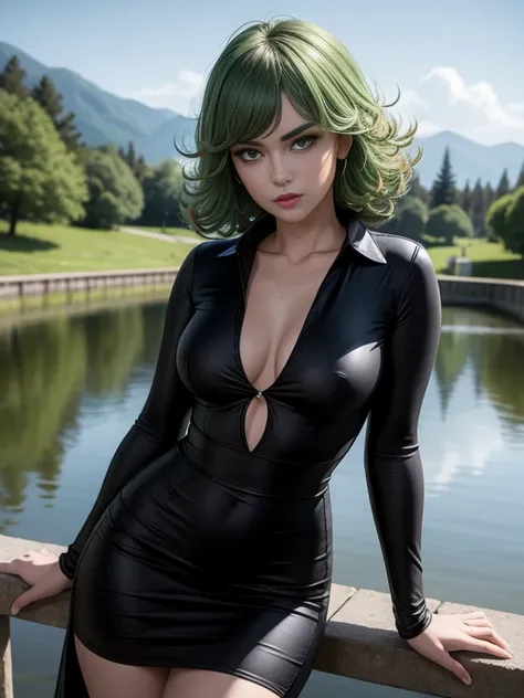 Masterpiece, best quality, detailed face, Tatsumaki, green hair, black dress, pelvic curtain, posing on a bridge, looking at viewer, neutral face