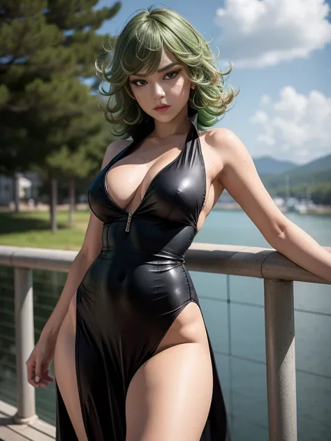 Masterpiece, best quality, detailed face, Tatsumaki, green hair, black dress, pelvic curtain, posing on a bridge, looking at viewer, neutral face