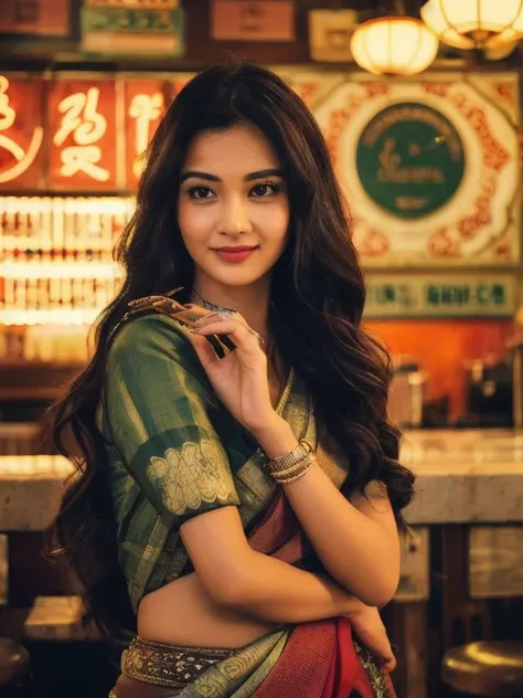 A beautiful Indian woman poses in a vintage Tokyo café surrounded by retro decor. She wears a Traditional Indian Saree, atmosphere of the Japanese cafe, her long black hair is styled in soft waves, her whole body, two mechanical hands from her back