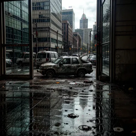 Downtown Atlanta Georgia,  Signs of violence and looting, abandoned for one year, military humvee, crashed ambulance with back door open, small group of zombies wandering around,  rainy day, puddles of water, broken shop window, broken glass