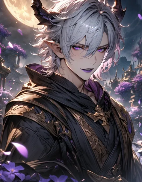 absurdres, highres, ultra detailed, HDR), masterpiece, Azazel, short white hair, hair between the eyes, expressive purple eyes, 1man, handsome, granblue fantasy, moon, purple flowers, purple petals, black clothes, purple lips, demon, black horns